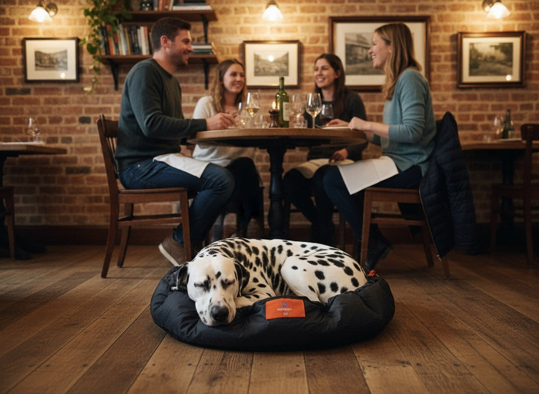A dalmation dog curled up, looking cosy on a Nestbedz bed in a restaurant