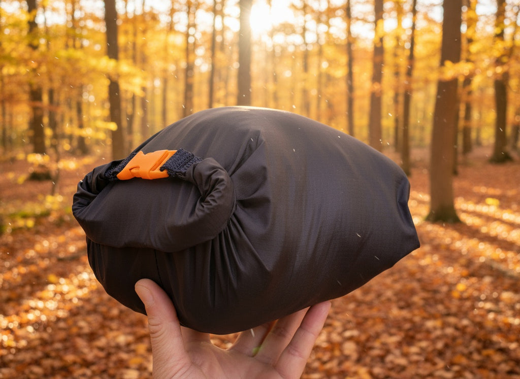 Person holding a packable dog bed  in a forest during sunset.