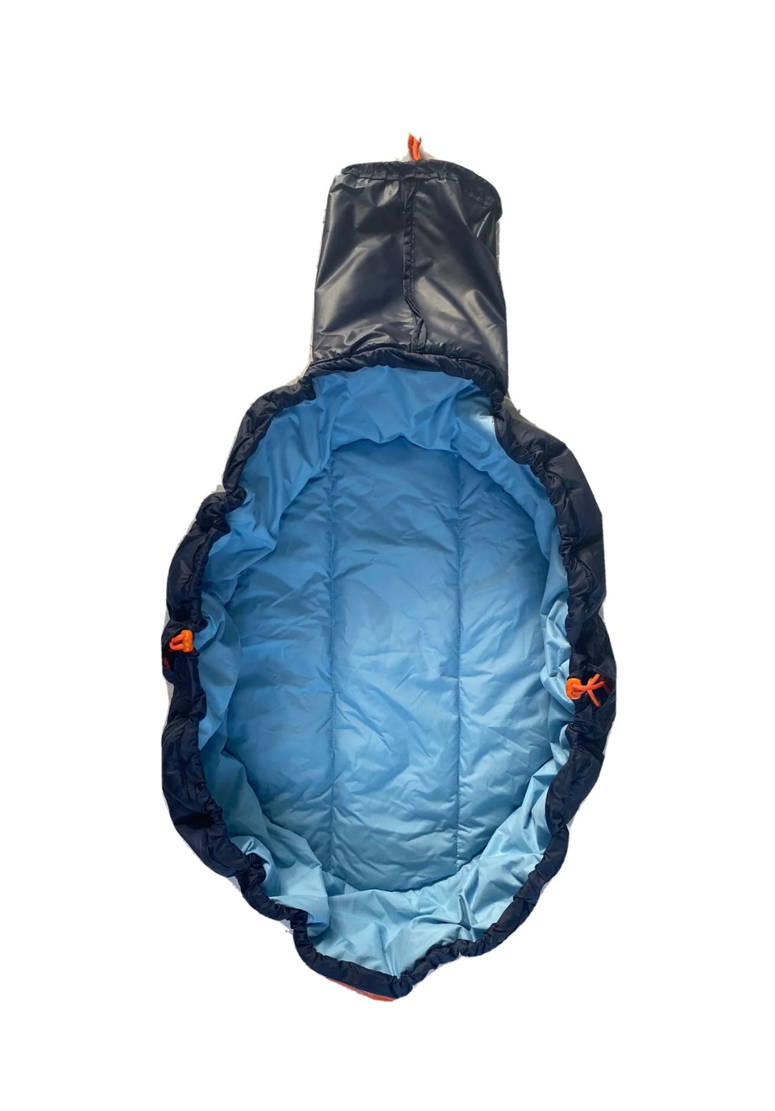 Blue packable dog bed with a hood on a white background