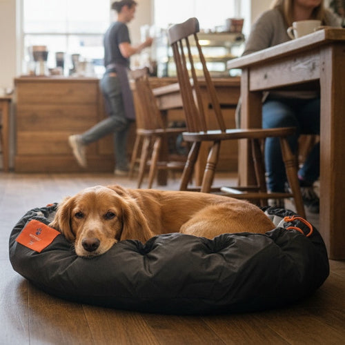 A spaniel using their nestbedz bed in a cafe to help them settle.  The dog looks very cosy and content. 