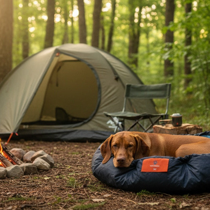 Nestbedz bed with a viszla curled up in it in on a camping site. showing nestbedz are ideal for camping 
