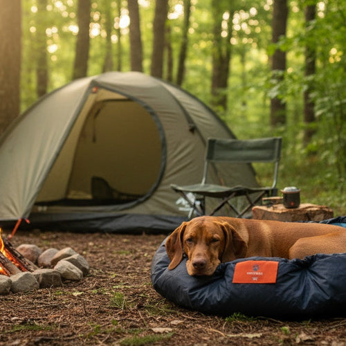 Nestbedz bed with a viszla curled up in it in on a camping site. showing nestbedz are ideal for camping 