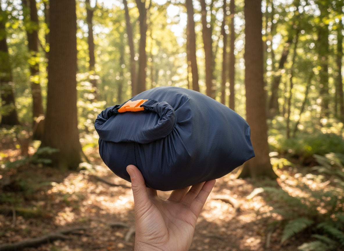Blue packed dog bed in a stuff bag held by a hand in a forest setting